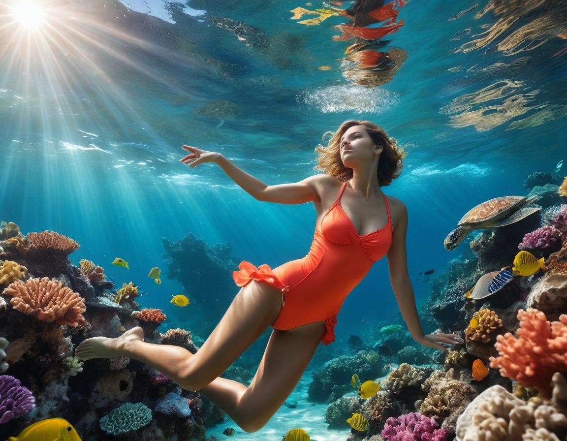A stunning underwater scene showcasing vibrant coral reefs teeming with colorful marine life. In the foreground, a model in eco-friendly swimwear poses gracefully, embodying both style and environmental consciousness. Sunlight filters through the water, creating a shimmering effect that highlights the eco-friendly materials of the swimwear. Include elements like sea turtles and schools of fish to emphasize the beauty of ocean preservation. super-realistic. vibrant colors. 3D.