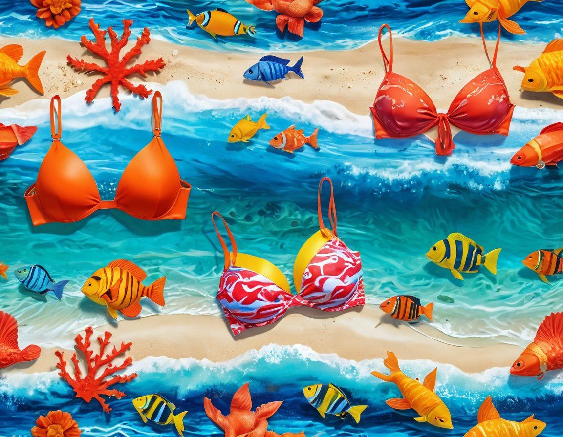 A vibrant beach scene showcasing diverse eco-friendly bikinis made from sustainable materials, with the ocean waves gently splashing in the background. Include elements of marine life like colorful fish and coral reefs to highlight ocean conservation. The sunlight should cast a warm, inviting glow, evoking a sense of summer freedom and environmental awareness. super-realistic. vibrant colors. sunny atmosphere.